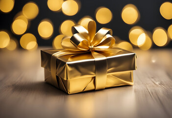 holiday gold christmas present gift ribbon holidays box celebration bokeh light 3d illustration