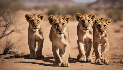 a group of young small teenage lions curiously looking straight into the camera in the desert, ultra wide angle lens