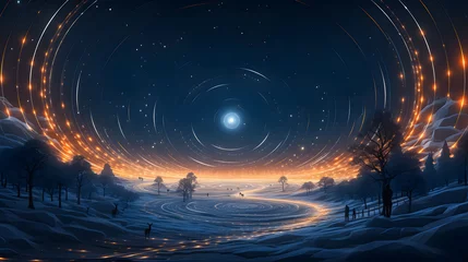 Foto op Canvas Winter snowy night scenery. White snow covering fields and trees. Christmas atmosphere. Reindeers. Christmas concept. Christmas banner illustration. Winter Fairy Tale Atmosphere. Generative AI © Daniel