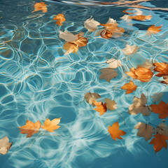 Swimming pool with fall colored leaves in it