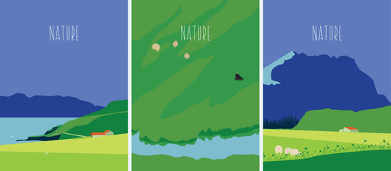 Nature and landscape. Summer landscape. Typography design. Set of flat bright vector illustrations. Poster, label, cover.