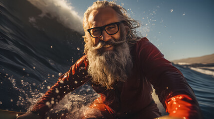 A smiling Santa Claus on a wave on a surfboard in the rays of the setting sun. Generative AI