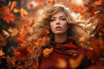 Obraz na płótnie Canvas Autumn allure: Blonde model amidst falling leaves