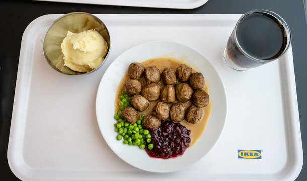 Uppsala, Sweden - August 10 2023: Classic meatballs meal at IKEA.