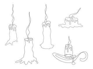 Set of abstract different candles drawn by one line. Sketch. Continuous line drawing art. Creative vector illustration in minimalist style.