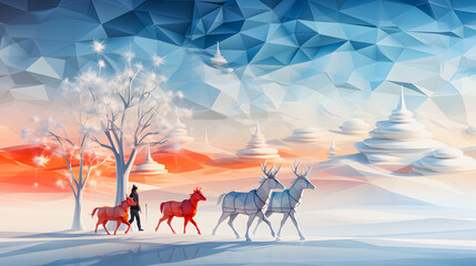 Winter snowy scenery. White snow covering the fields and trees. Christmas atmosphere. Reindeers. Christmas concept. Christmas banner illustration. Fairy tale snowman illustration. Generative AI