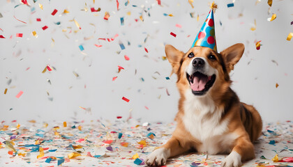 Happy cute dog in party hat celebrating birthday surrounded by falling confetti