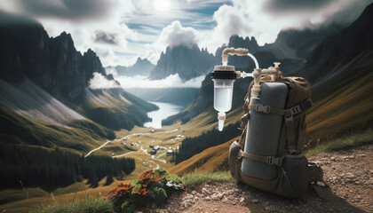 Photo réaliste d'un filtre à eau portable suspendu à un sac à dos de randonnée avec un paysage montagneux en arrière-plan. - obrazy, fototapety, plakaty