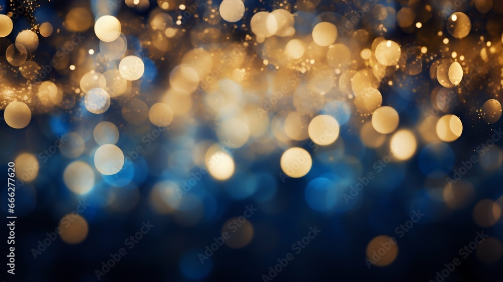 Poster new year's euphoria: blue and gold bokeh lights abstract backdrop. generative ai