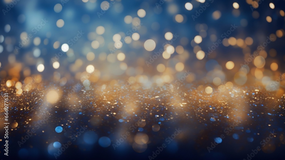 Poster new year's euphoria: blue and gold bokeh lights abstract backdrop. generative ai