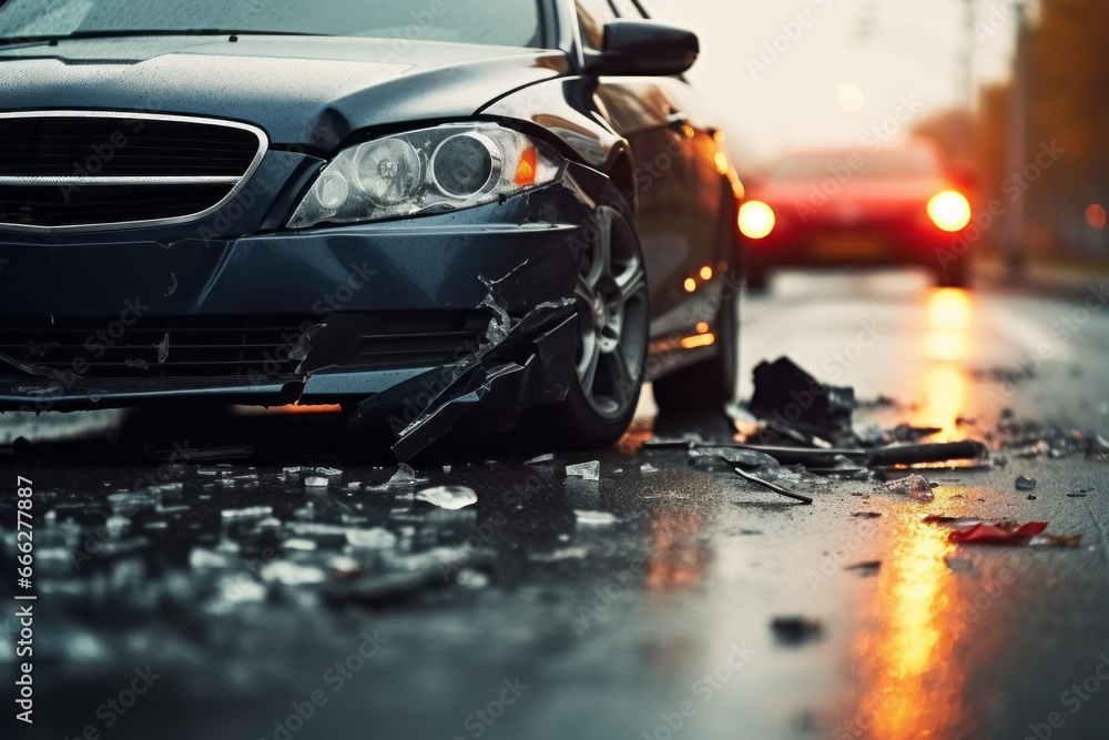 Poster Broken car in an accident. Crash on the road. Background with selective focus and copy space