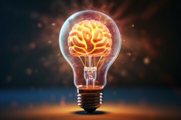 Brain light bulb human brain glowing inside of light bulb. Conceptual symbol of idea and insight - obrazy, fototapety, plakaty