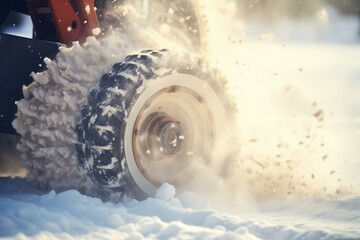 Focused snowblower tires with defocused snow drift in the background. Generative AI