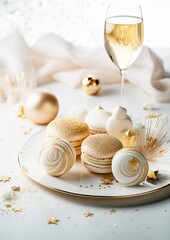 Fototapeta na wymiar White and gold colored luxury elegantly sweets at Christmas with cozy blur background