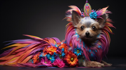 A dog in bright colors isolated on a black background