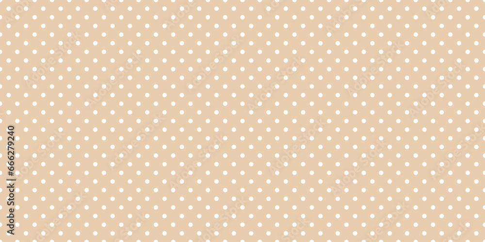 Poster polka dot seamless pattern. white dots on beige repeated background. swatch template for textile, fa
