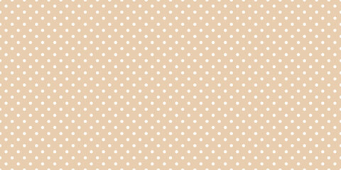 Polka dot seamless pattern. White dots on beige repeated background. Swatch template for textile, fabric, plaid, tablecloths, clothes. Vector wide ecru wallpaper