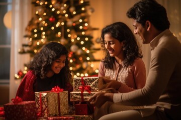 East Indian Family Festivities In Living Room Christmas Background Generative AI
