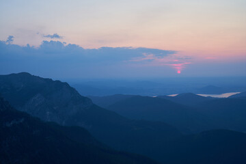 Fototapeta premium Incredible sunset in the mountains from the Feuerkogel peak, Ebensee, Austria