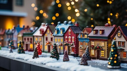A festive Christmas village display with miniature houses
