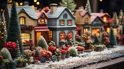 A festive Christmas village display with miniature houses
