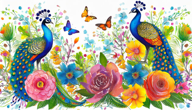 Background wallpaper art of peacocks and flowers and butterflies. Generative AI
