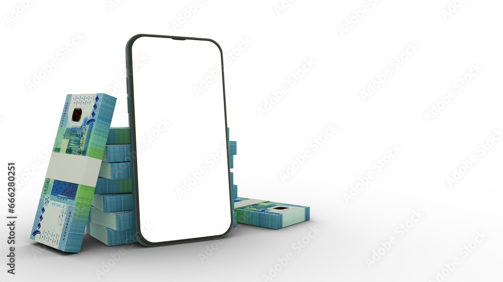 Poster 3d rendering of mobile phone with blank screen in front of stacks of 1000 sudanese pound notes isola