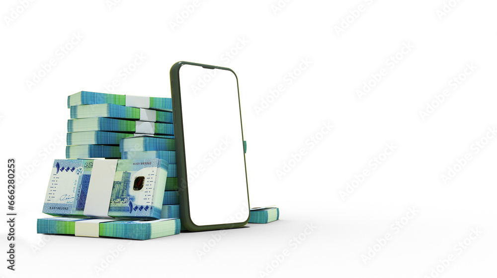 Poster 3d rendering of mobile phone with blank screen in front of stacks of 1000 sudanese pound notes isola
