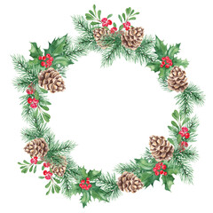 Fototapeta na wymiar Watercolor hand drawn Christmas wreath. Floral frame with Pine cone and branches, Holly plant with red berries, poinsettia, cowberry, lingonberry. Botanical illustration isolated on white background