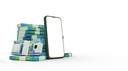 3D rendering of mobile phone with  blank screen in front of stacks of 1000 Sudanese pound notes isolated on transparent background.