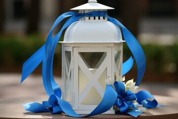 A lantern adorned with a blue ribbon. Generative AI