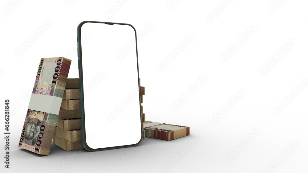 Poster 3d rendering of mobile phone with blank screen in front of stacks of south sudanese pound notes isol