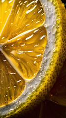 Hyperrealism, extreme macro close up photo of lemon slice, wet, translucence, backlit