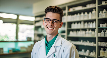 Portrait of a smiling doctor, An enthusiastic pharmacy student, Happy Pharmacist, A Close-up face of a medical Storeman,  Pharmacy school classroom - obrazy, fototapety, plakaty