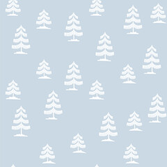 Christmas tree seamless pattern. Winter forest hand drawn Noel print, New year holidays decoration, blue background with fir tree, wallpaper, wrapping paper design, decor, gift wrap.