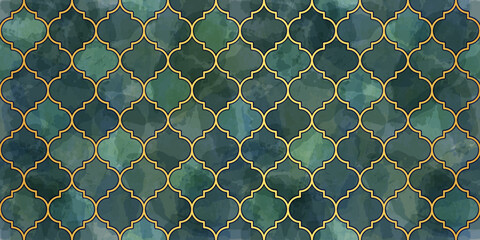 Moroccan Seamless Pattern. Arabic Mosaic Watercolor Ornament. Eid Mubarak Muslim Background. Ramadan Kareem Islamic Illustration. Turkish Mosque Window Shape.