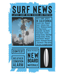 Surf typography on newspaper layout. t shirt graphics. Print. vector