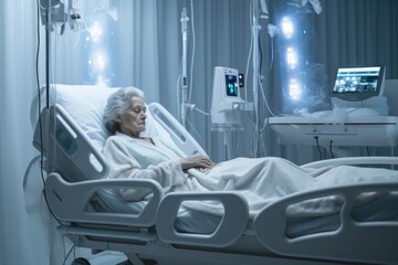 Obraz premium Solitude and Strength: A Woman Faces Illness Alone in the Hospital Room, Embracing Resilience and Healing