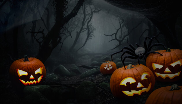 Pumpkin heads, giant spider and really scary cobwebs on dark banner - Halloween background template