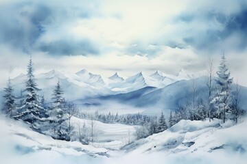 Fototapeta na wymiar A watercolor painting of a snowy landscape with mountains and a cloudy sky. Generative AI