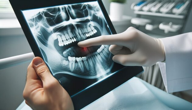 Close-up of a dentist showing a dental x-ray to a concerned patient, pointing out areas that require attention.