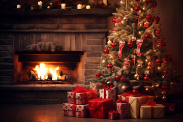 Christmas tree with presents near a fireplace - Generative AI