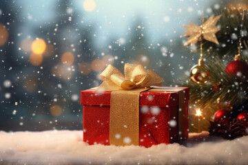 Christmas gift with ribbon, blurry background, bokeh - Generative AI