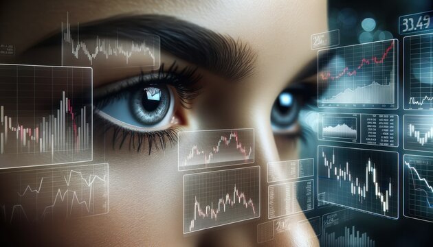 close-up image of a businesswoman's focused eyes, reflecting the screens of multiple stock market graphs and data analytics.