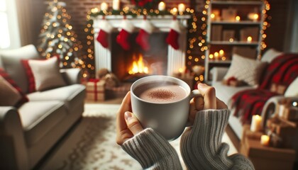 Close-up image of a hand holding a steaming mug of hot cocoa. The background softly blurs to reveal a cozy living room setting