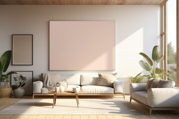 View of a sunny living room with a blank poster. Generative AI
