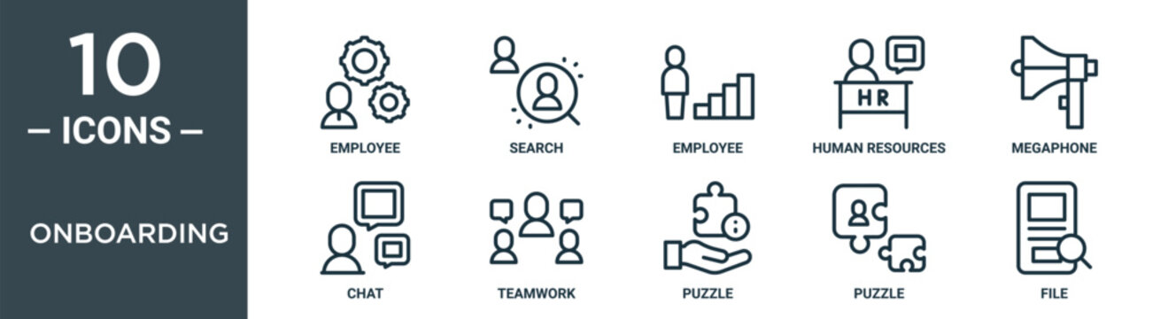 Onboarding Outline Icon Set Includes Thin Line Employee, Search, Employee, Human Resources, Megaphone, Chat, Teamwork Icons For Report, Presentation, Diagram, Web Design