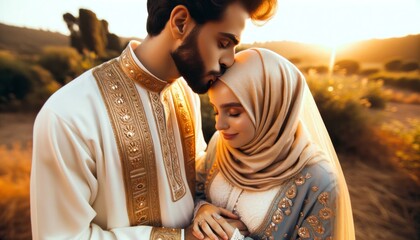 A touching scene of a couple of Middle Eastern descent, where the man gently kisses the forehead of his pregnant partner. - obrazy, fototapety, plakaty