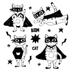 Set with cat super hero in hand drawn doodle style