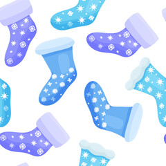Seamless pattern of Christmas socks with winter ornament in cartoon style